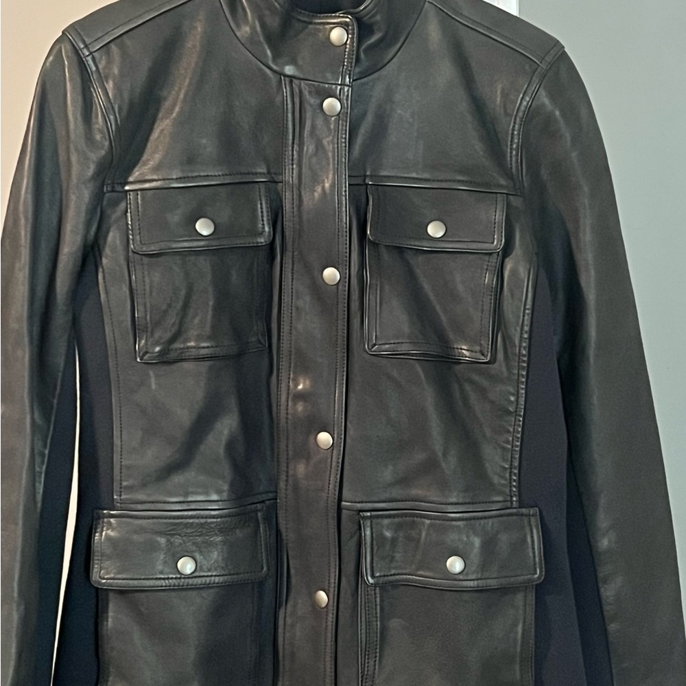 Blue Leather Jacket Womens Medium Lambskin Leather Coat GAP Short Cargo Coat